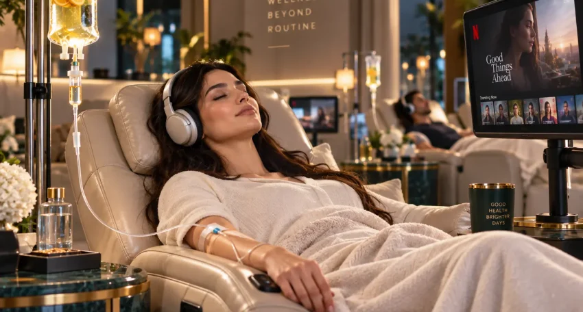 Luxury IV drip lounge with recliners and Netflix at Harmony Clinic Al Ain