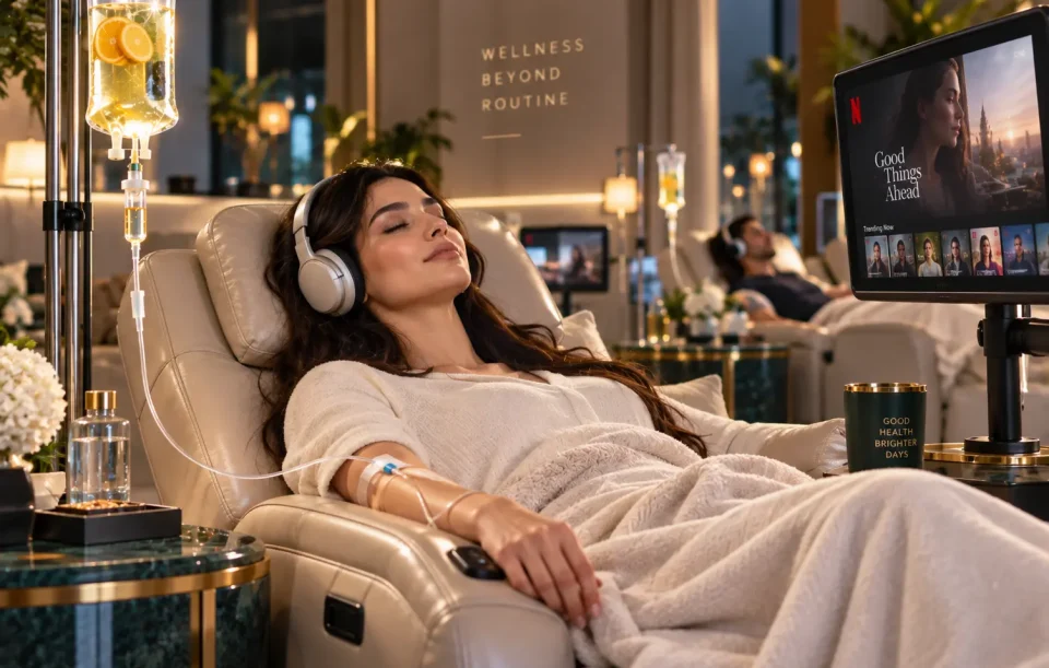 Luxury IV drip lounge with recliners and Netflix at Harmony Clinic Al Ain