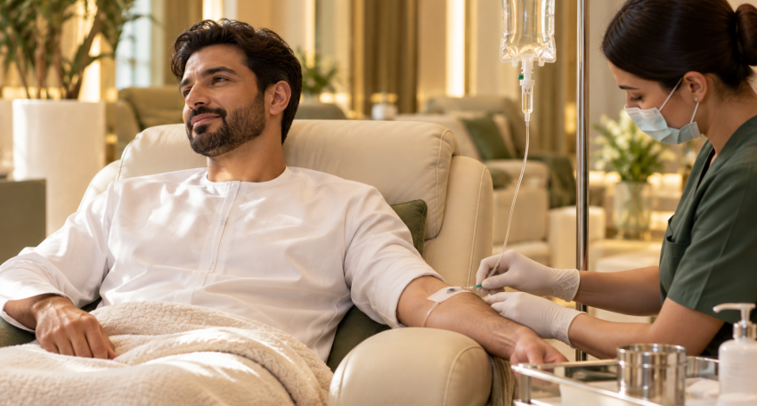IV hydration therapy consultation at Harmony Beauty Aesthetic Center in Al Ain, Abu Dhabi