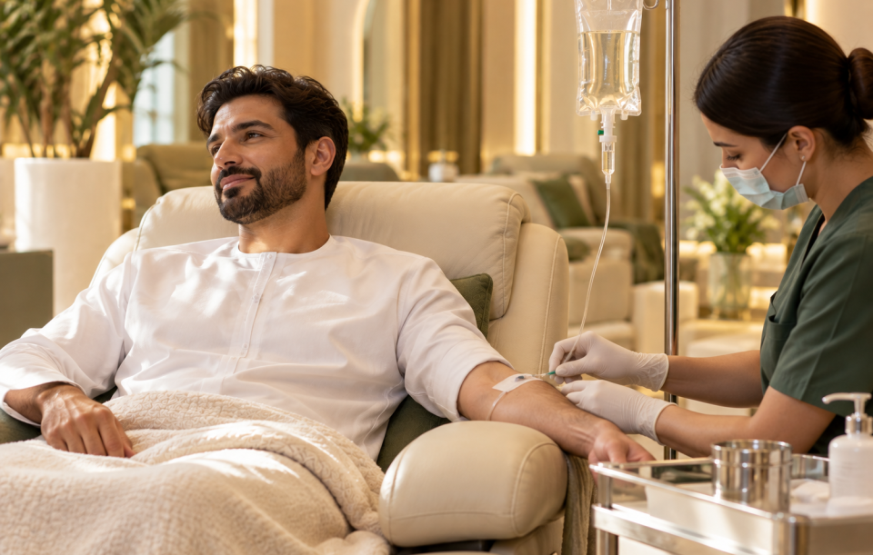 IV hydration therapy consultation at Harmony Beauty Aesthetic Center in Al Ain, Abu Dhabi