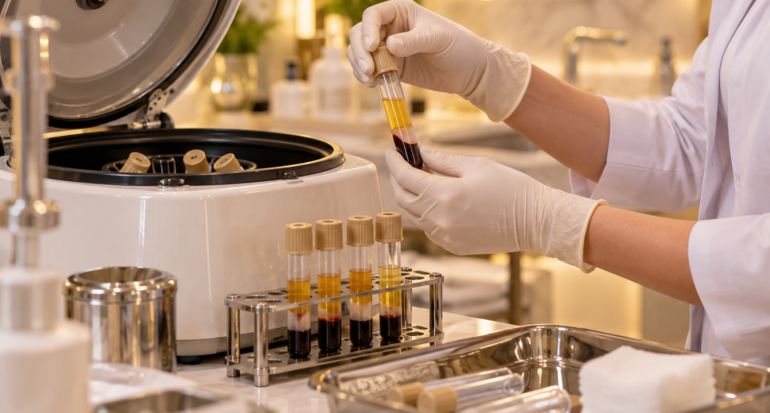 PRP treatment preparation for skin and hair at Harmony Beauty Aesthetic Center in Al Ain, Abu Dhabi