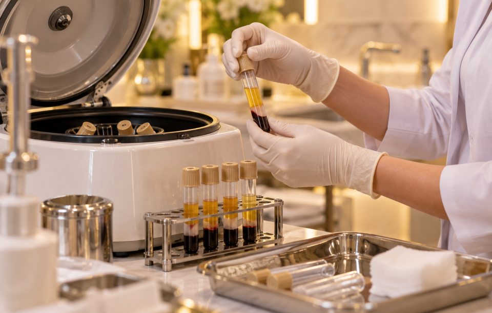 PRP treatment preparation for skin and hair at Harmony Beauty Aesthetic Center in Al Ain, Abu Dhabi